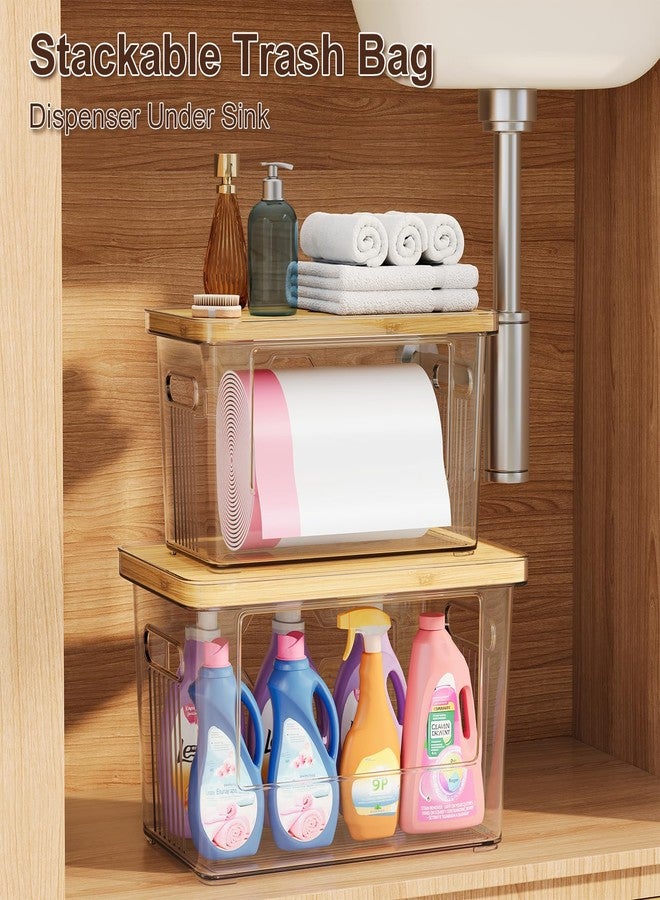 WBKATN 2 Pack Trash Bag Holder with Bamboo Lid, Stackable Trash Bag Dispenser Roll Holder Under Sink, Extra Large Plastic Garbage Bags Storage Organizer for Kitchen, Laundry Room, Acrylic Pantry Organizers - Image 2